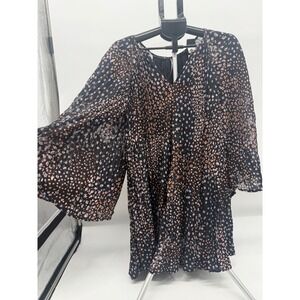 Anthropologie Pleated Abstract Dot V-Neck Mini Dress Black Orange Purple Medium